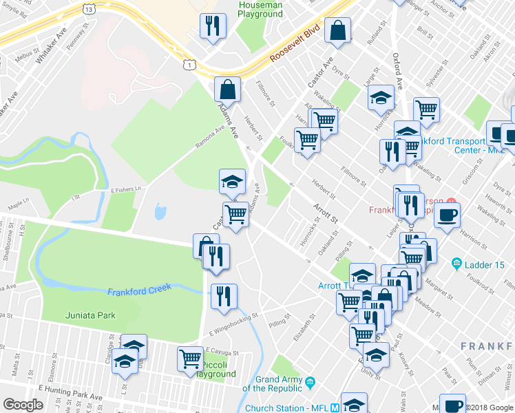 map of restaurants, bars, coffee shops, grocery stores, and more near in Philadelphia