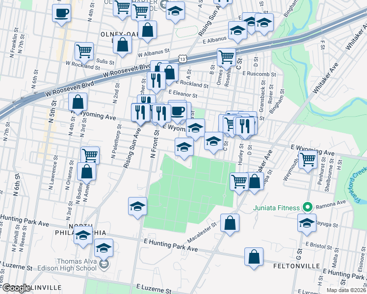 map of restaurants, bars, coffee shops, grocery stores, and more near 4617 Ella Street in Philadelphia
