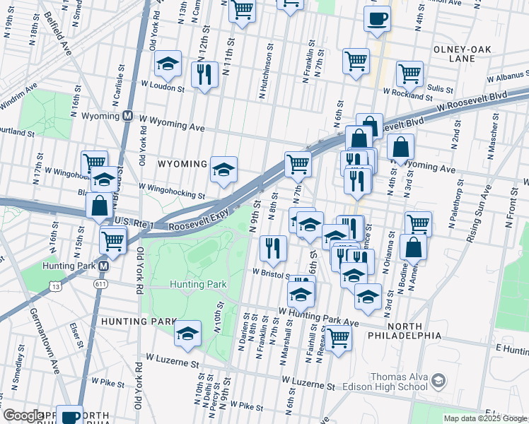 map of restaurants, bars, coffee shops, grocery stores, and more near 4440 North 8th Street in Philadelphia
