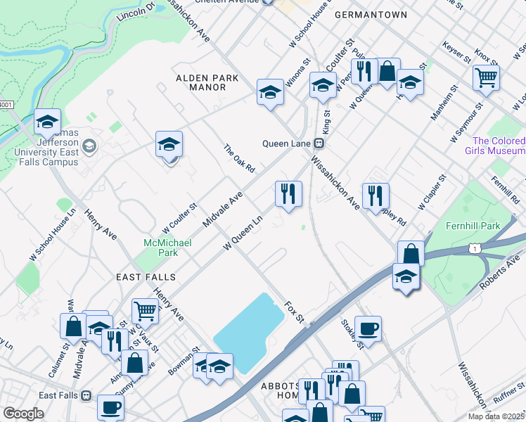 map of restaurants, bars, coffee shops, grocery stores, and more near 3001 West Queen Lane in Philadelphia