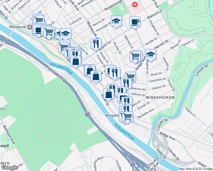 map of restaurants, bars, coffee shops, grocery stores, and more near 114 Salaignac Street in Philadelphia
