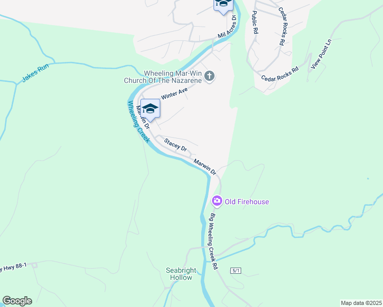 map of restaurants, bars, coffee shops, grocery stores, and more near Stacey Apartments Drive in Wheeling