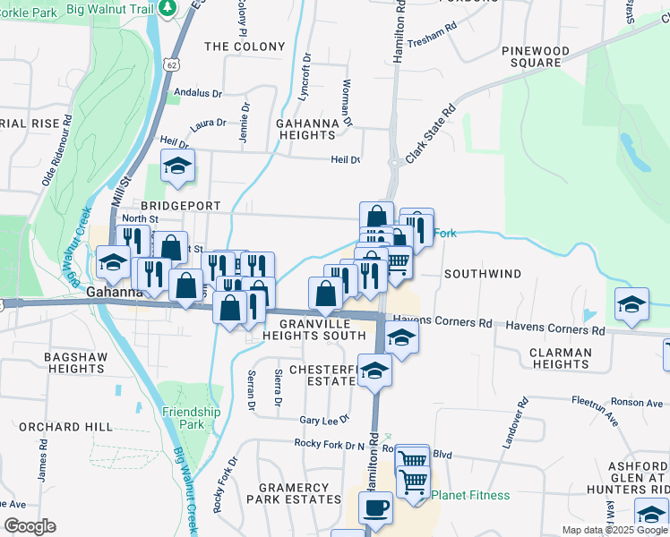 map of restaurants, bars, coffee shops, grocery stores, and more near 111 Rocky Creek Drive in Gahanna
