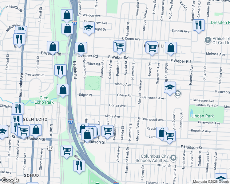 map of restaurants, bars, coffee shops, grocery stores, and more near 2693 Pontiac Street in Columbus