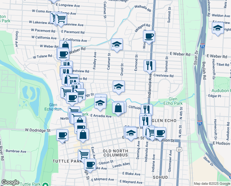 map of restaurants, bars, coffee shops, grocery stores, and more near 205 Olentangy Street in Columbus