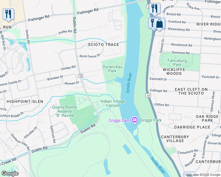 map of restaurants, bars, coffee shops, grocery stores, and more near 3232 Indian Village Road in Columbus
