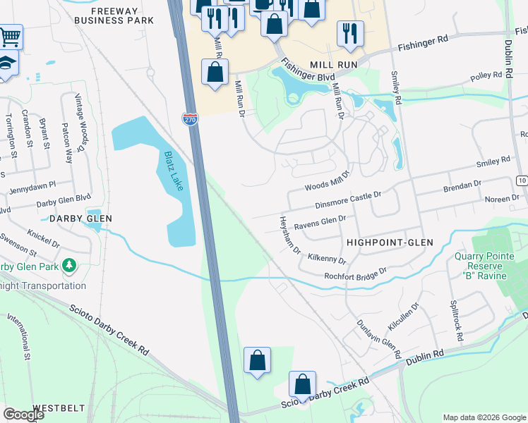 map of restaurants, bars, coffee shops, grocery stores, and more near 3816 Dinsmore Castle Drive in Columbus