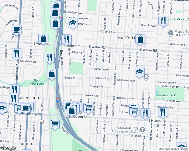 map of restaurants, bars, coffee shops, grocery stores, and more near 2693 Pontiac Street in Columbus