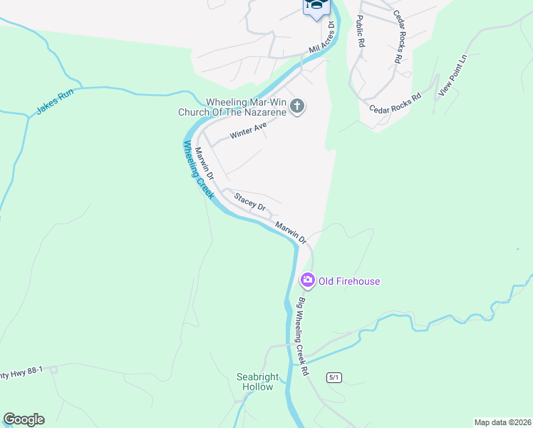 map of restaurants, bars, coffee shops, grocery stores, and more near Stacey Apartments Drive in Wheeling