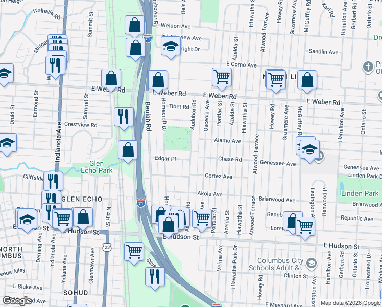 map of restaurants, bars, coffee shops, grocery stores, and more near 2710 Audubon Road in Columbus