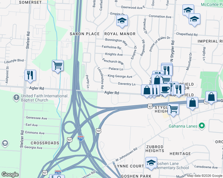 map of restaurants, bars, coffee shops, grocery stores, and more near 600 Agler Road in Columbus