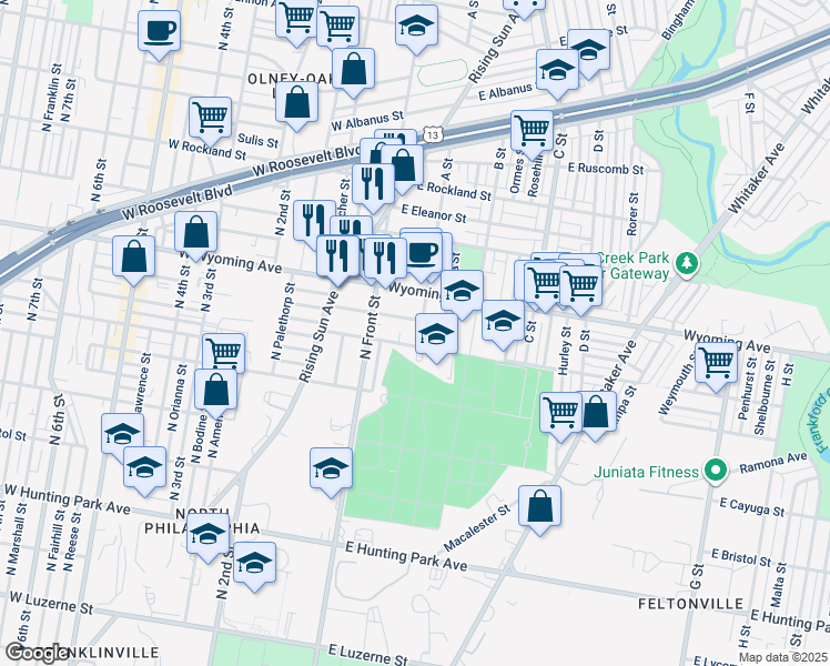 map of restaurants, bars, coffee shops, grocery stores, and more near 4612 A Street in Philadelphia