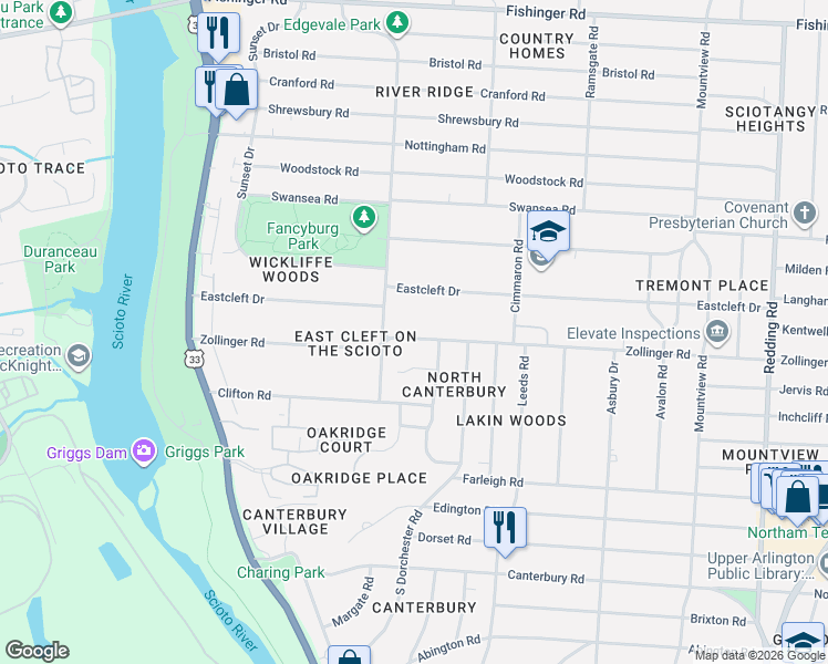 map of restaurants, bars, coffee shops, grocery stores, and more near 2628 Zollinger Road in Columbus