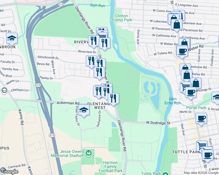 map of restaurants, bars, coffee shops, grocery stores, and more near Olentangy River Road in Columbus
