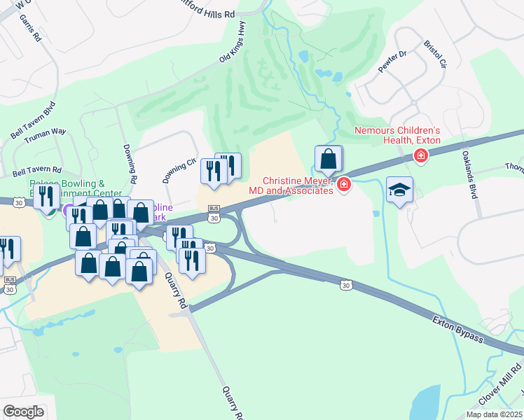 map of restaurants, bars, coffee shops, grocery stores, and more near 1236 East Lancaster Avenue in Downingtown