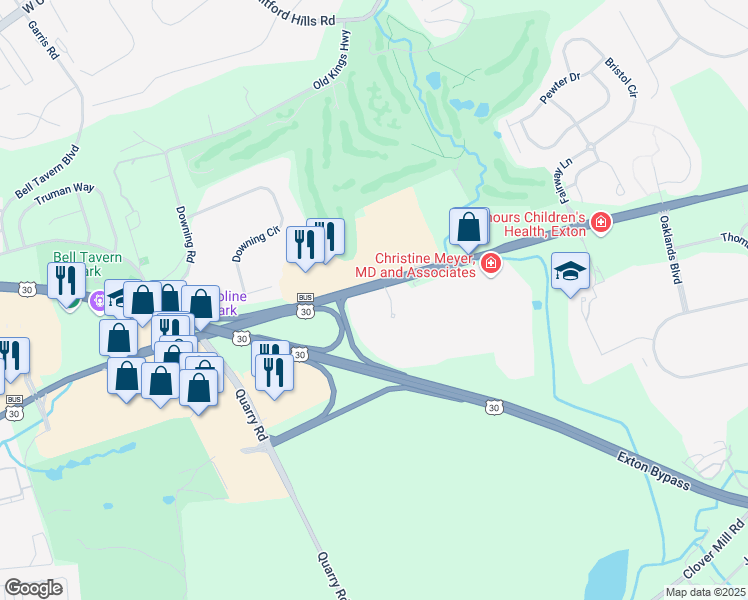 map of restaurants, bars, coffee shops, grocery stores, and more near 1236 East Lancaster Avenue in Downingtown
