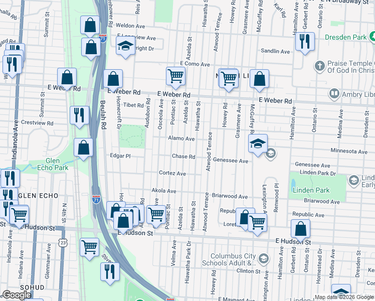 map of restaurants, bars, coffee shops, grocery stores, and more near 2691 Azelda Street in Columbus