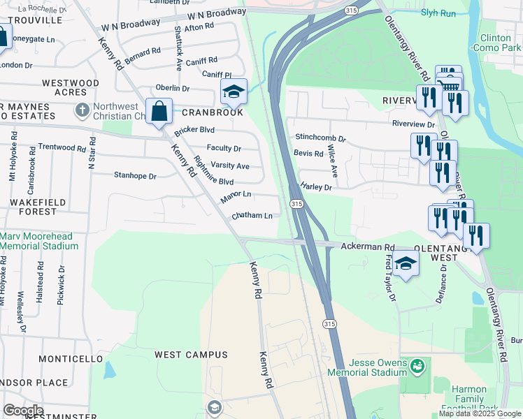 map of restaurants, bars, coffee shops, grocery stores, and more near 922 Chatham Lane in Columbus