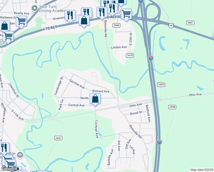 map of restaurants, bars, coffee shops, grocery stores, and more near 381 Old Byesville Road in Cambridge