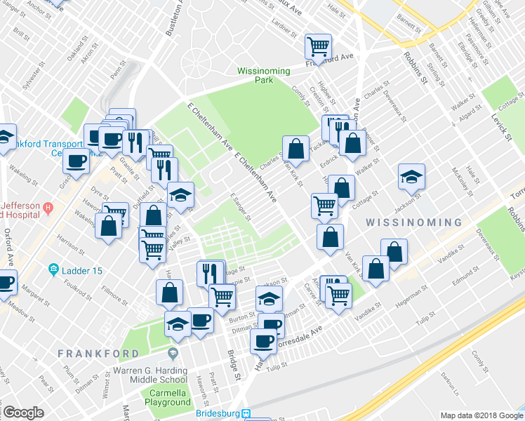 map of restaurants, bars, coffee shops, grocery stores, and more near 5429 Erdrick Street in Philadelphia