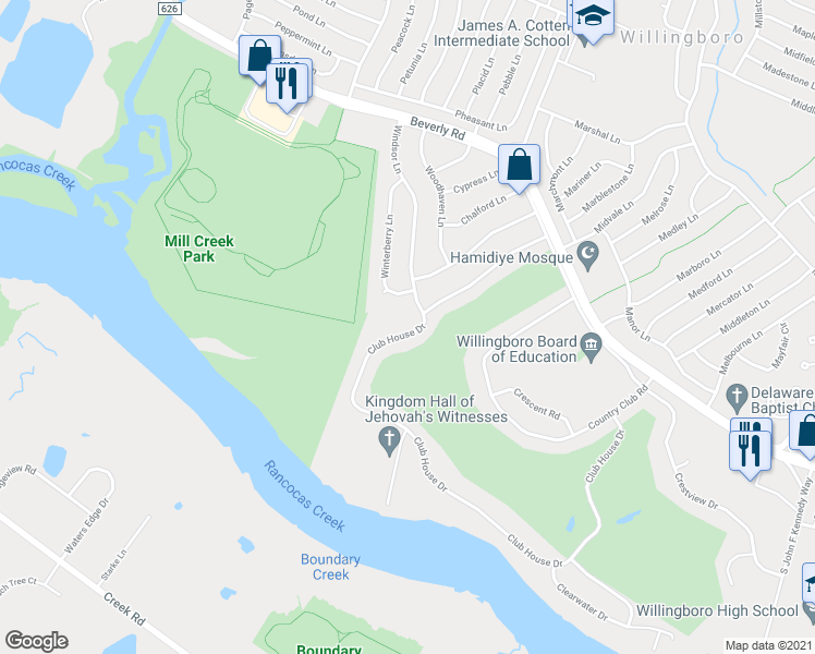 map of restaurants, bars, coffee shops, grocery stores, and more near 95 Club House Drive in Willingboro