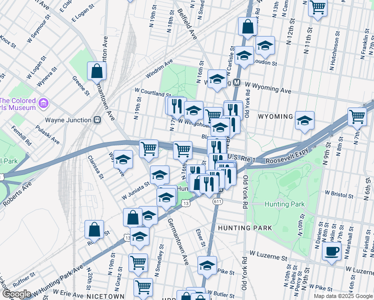 map of restaurants, bars, coffee shops, grocery stores, and more near 624 North 18th Street in Philadelphia