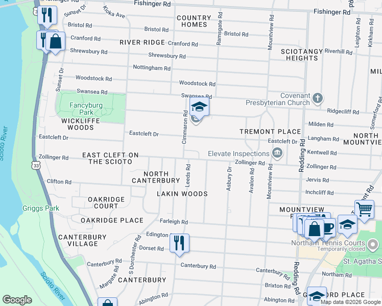 map of restaurants, bars, coffee shops, grocery stores, and more near 2479 Sherwood Villa in Columbus