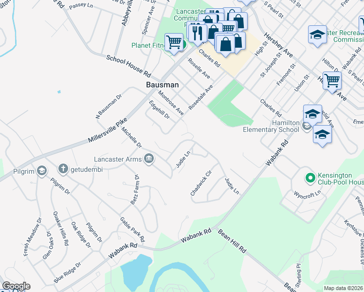 map of restaurants, bars, coffee shops, grocery stores, and more near 32 Judie Lane in Lancaster