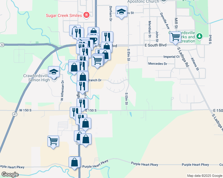 map of restaurants, bars, coffee shops, grocery stores, and more near 377 South Fork Drive in Crawfordsville