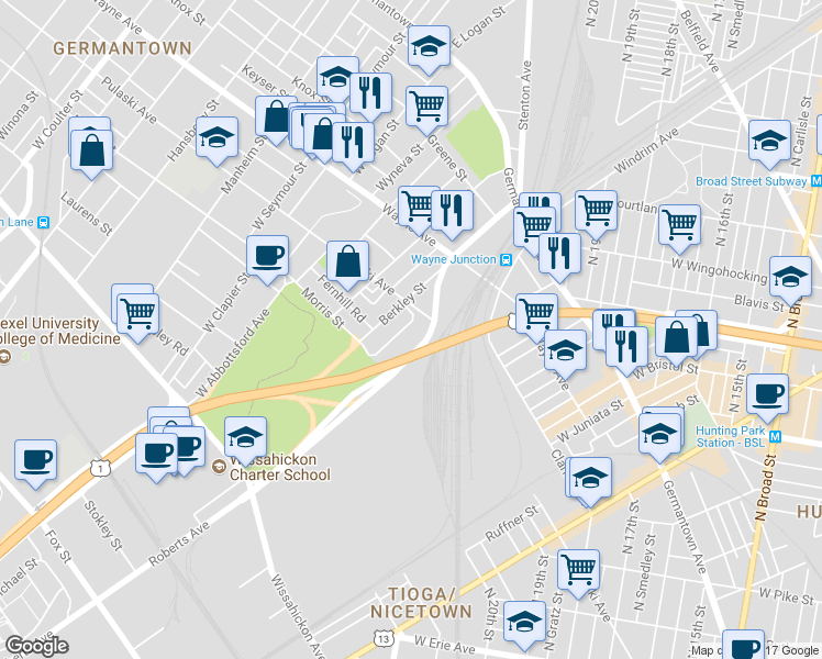 map of restaurants, bars, coffee shops, grocery stores, and more near 324 West Milne Street in Philadelphia