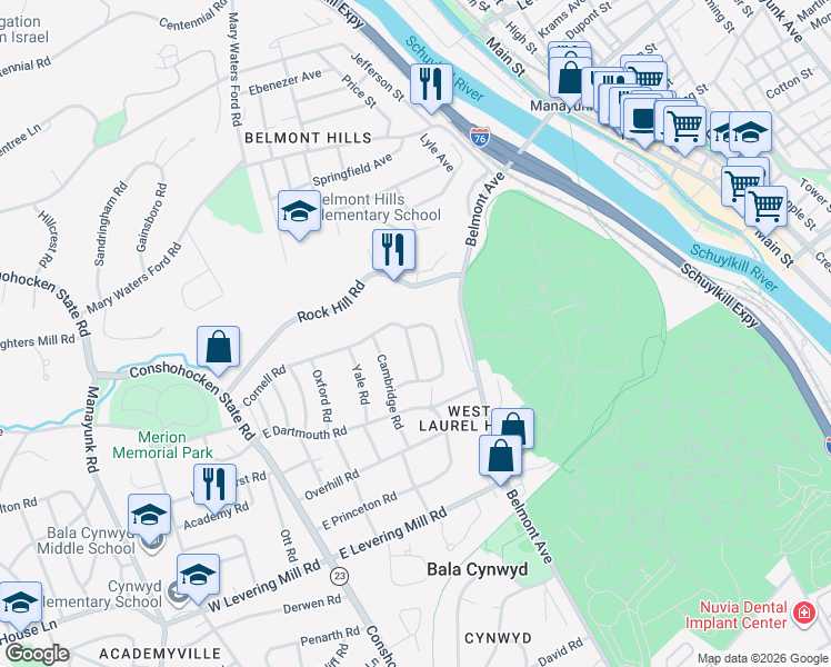 map of restaurants, bars, coffee shops, grocery stores, and more near 124 Cornell Road in Bala Cynwyd