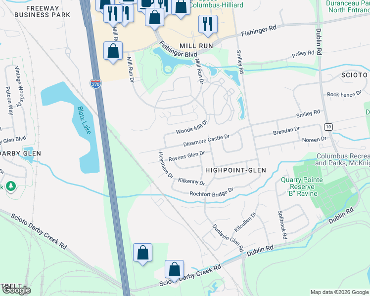 map of restaurants, bars, coffee shops, grocery stores, and more near 3699 Dinsmore Castle Drive in Columbus