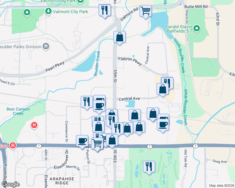 map of restaurants, bars, coffee shops, grocery stores, and more near 5505 Central Avenue in Boulder