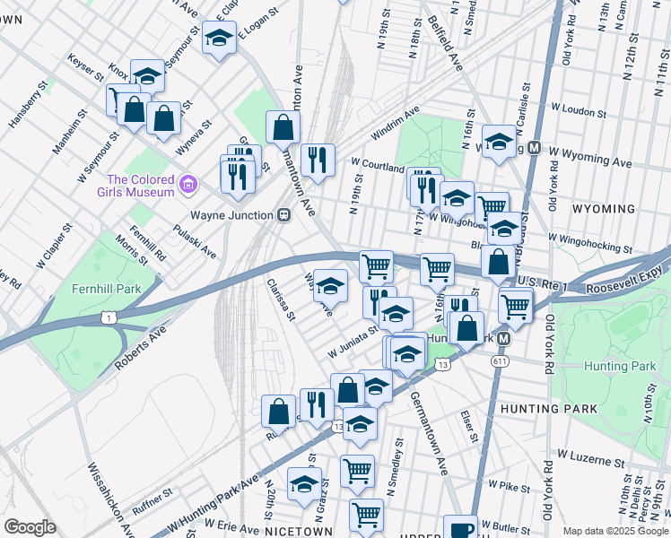 map of restaurants, bars, coffee shops, grocery stores, and more near 1916 Dennie Street in Philadelphia