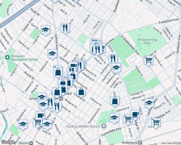 map of restaurants, bars, coffee shops, grocery stores, and more near Haworth St & Darrah St in Philadelphia