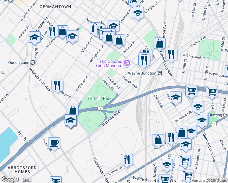map of restaurants, bars, coffee shops, grocery stores, and more near 4500 Morris Street in Philadelphia