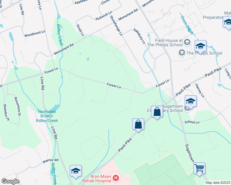 map of restaurants, bars, coffee shops, grocery stores, and more near 823 Forest Lane in Malvern