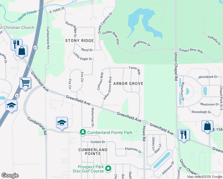 map of restaurants, bars, coffee shops, grocery stores, and more near 15924 Arbor Grove Boulevard in Noblesville