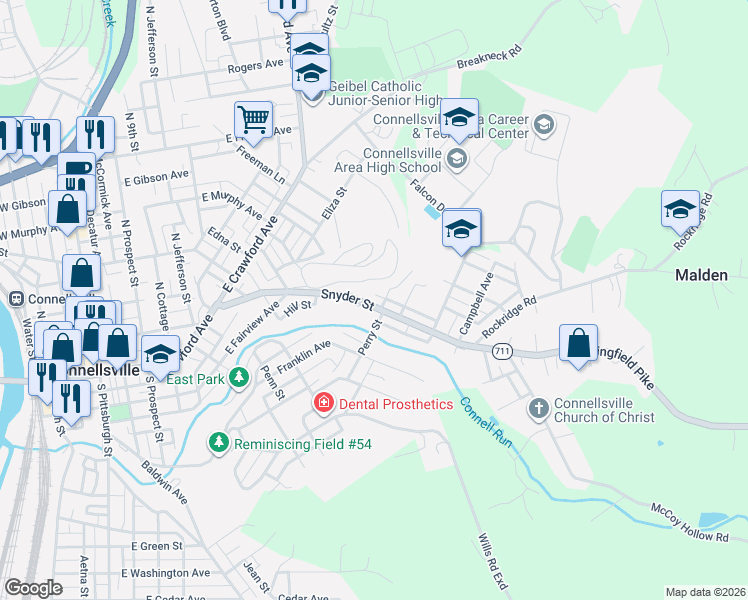 map of restaurants, bars, coffee shops, grocery stores, and more near 414 Snyder Street in Connellsville