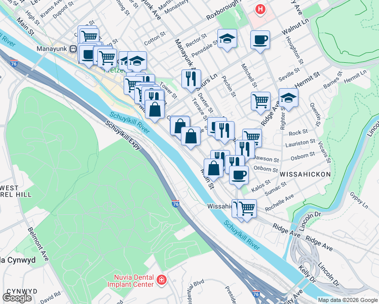 map of restaurants, bars, coffee shops, grocery stores, and more near 3900 Main Street in Philadelphia