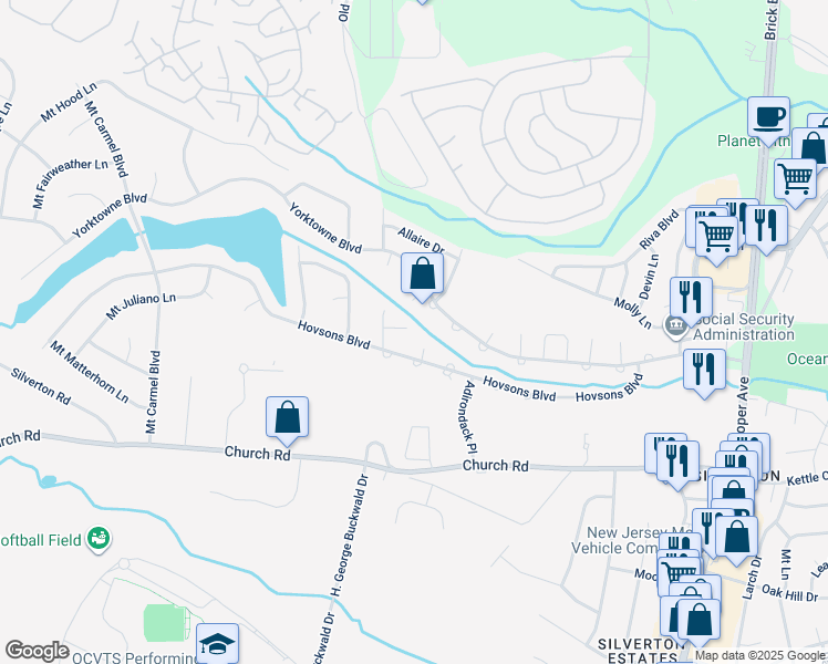 map of restaurants, bars, coffee shops, grocery stores, and more near 23 Caribbean Court in Toms River