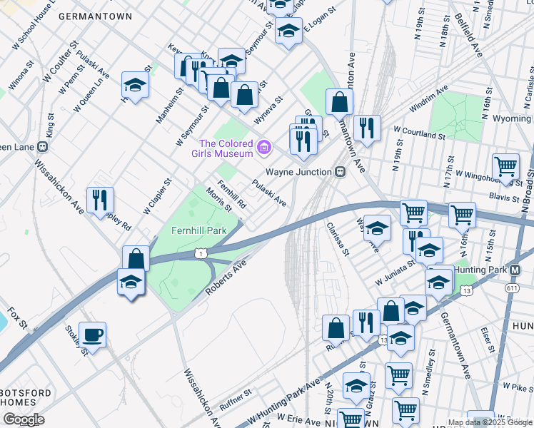 map of restaurants, bars, coffee shops, grocery stores, and more near 327 West Milne Street in Philadelphia