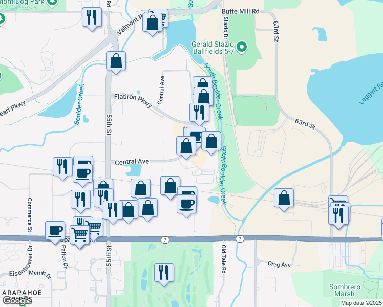 map of restaurants, bars, coffee shops, grocery stores, and more near 5803-5811 Central Avenue in Boulder