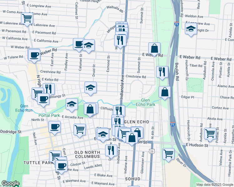 map of restaurants, bars, coffee shops, grocery stores, and more near 371 Olentangy Street in Columbus