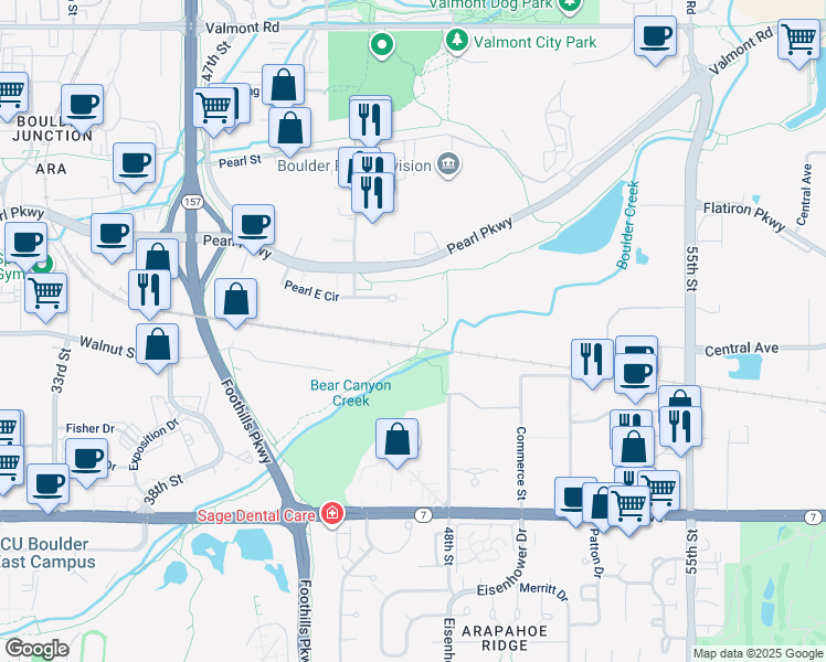map of restaurants, bars, coffee shops, grocery stores, and more near 4940 Pearl East Circle in Boulder