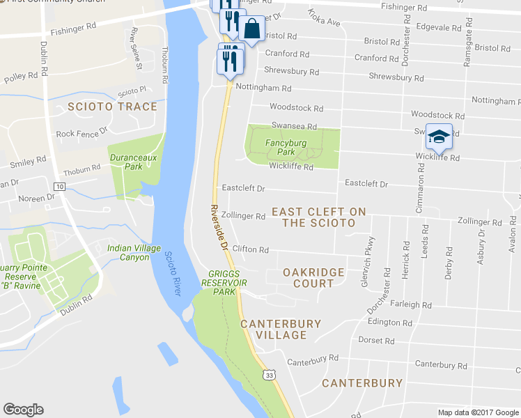 map of restaurants, bars, coffee shops, grocery stores, and more near 2848 Zollinger Road in Columbus