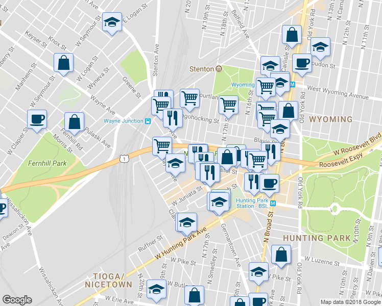 map of restaurants, bars, coffee shops, grocery stores, and more near 4341 Germantown Avenue in Philadelphia