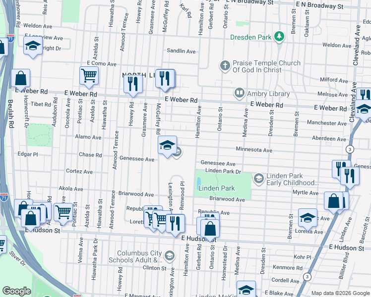 map of restaurants, bars, coffee shops, grocery stores, and more near 1225 Minnesota Avenue in Columbus