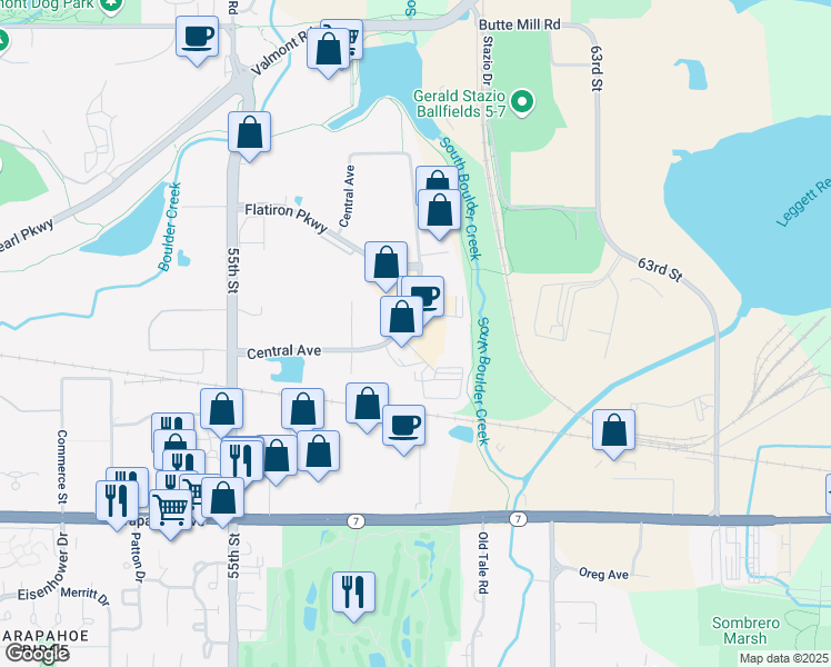 map of restaurants, bars, coffee shops, grocery stores, and more near 1898 South Flatiron Court in Boulder