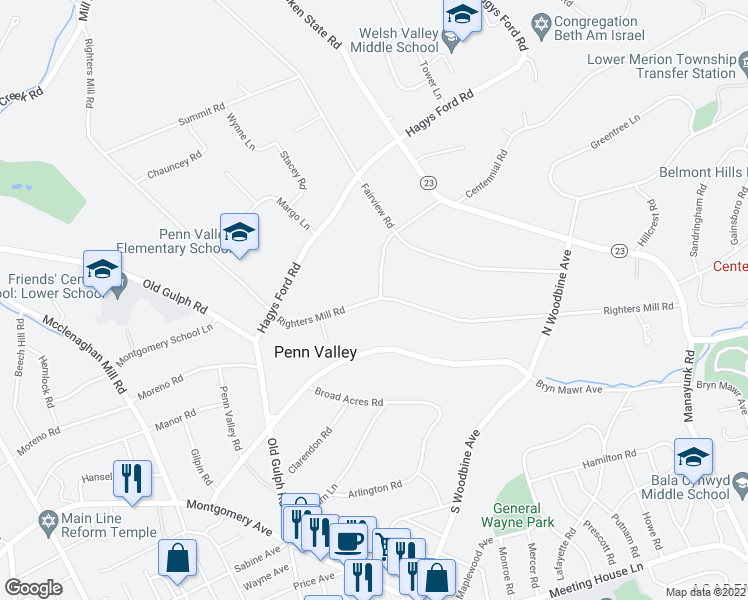 map of restaurants, bars, coffee shops, grocery stores, and more near Righters Mill Road in Penn Valley